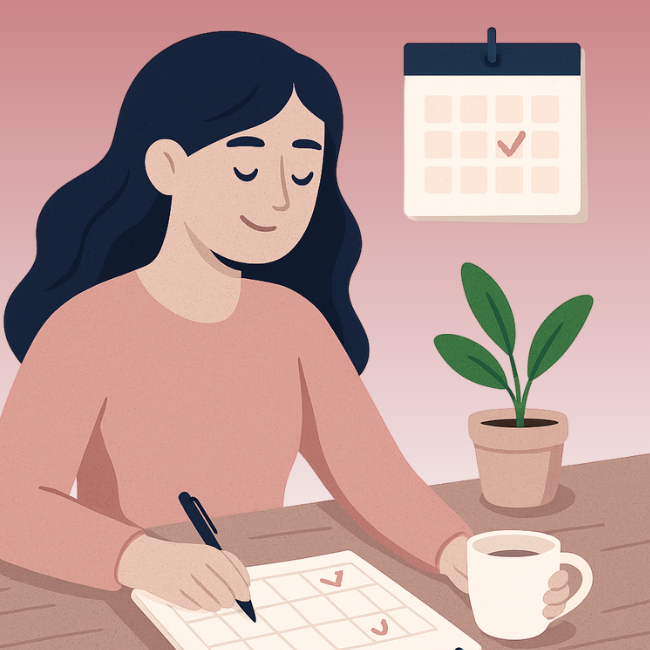 Entrepreneure créant son calendrier de contenu avec sérénité