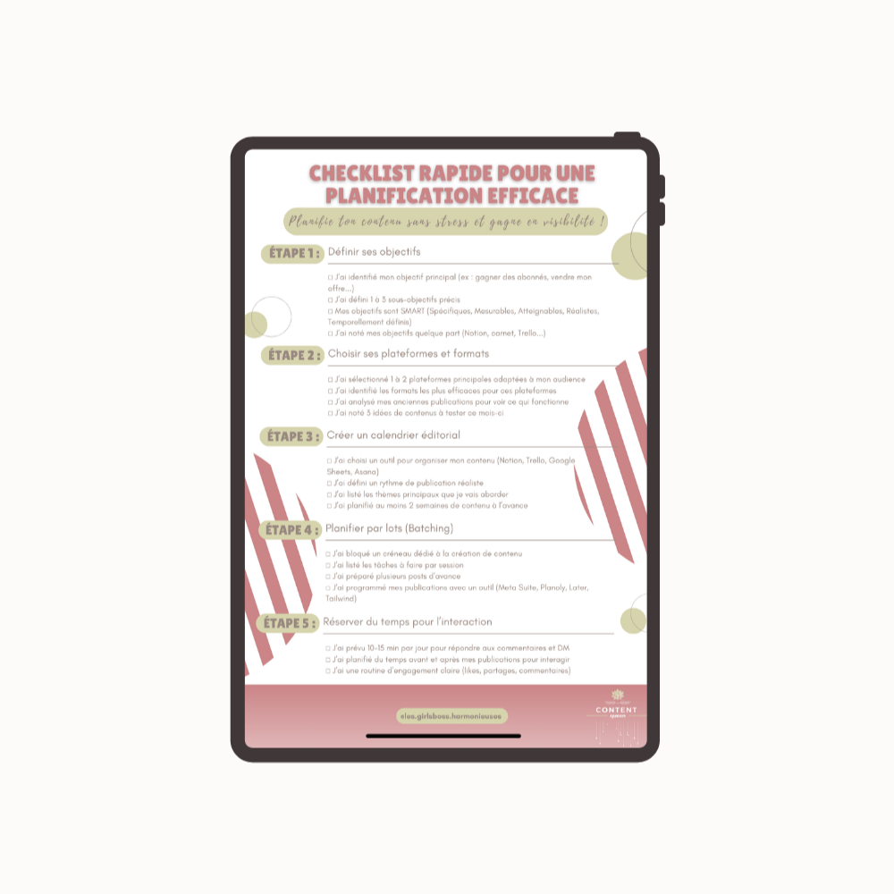 Mockup de la checklist gratuite pour une planification de contenu efficace destinée aux entrepreneuses digitales