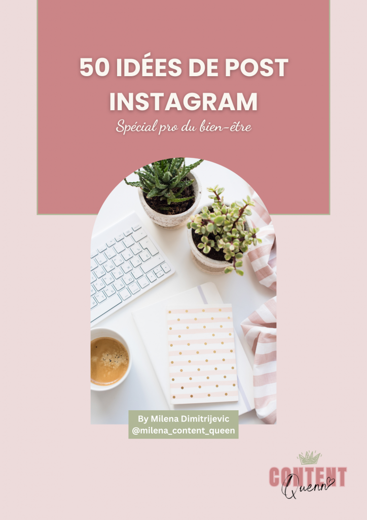 Couverture du PDF “50 Idées de Posts Instagram Bien-être” – idées prêtes à l’emploi pour coachs, thérapeutes et praticiennes bien-être