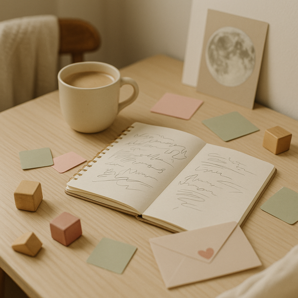 Carnet ouvert avec notes et post-it colorés, tasse de chicorée, cubes d’enfant et carte de lune sur un bureau en bois clair, ambiance créative et réaliste.
