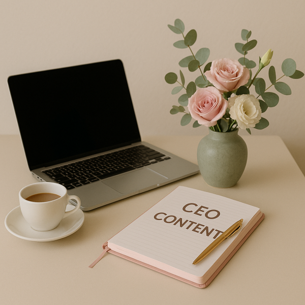 Image d’un bureau avec un carnet où est écrit CEO Content – illustration du programme Méthode CEO Content de Content Queen