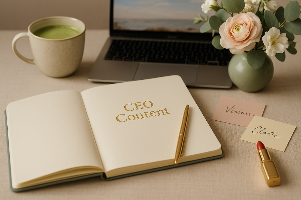 Image d’un bureau avec carnet et café – illustration de l’univers Content Queen, dédié au contenu aligné, à l’organisation fluide et au mindset Queen
