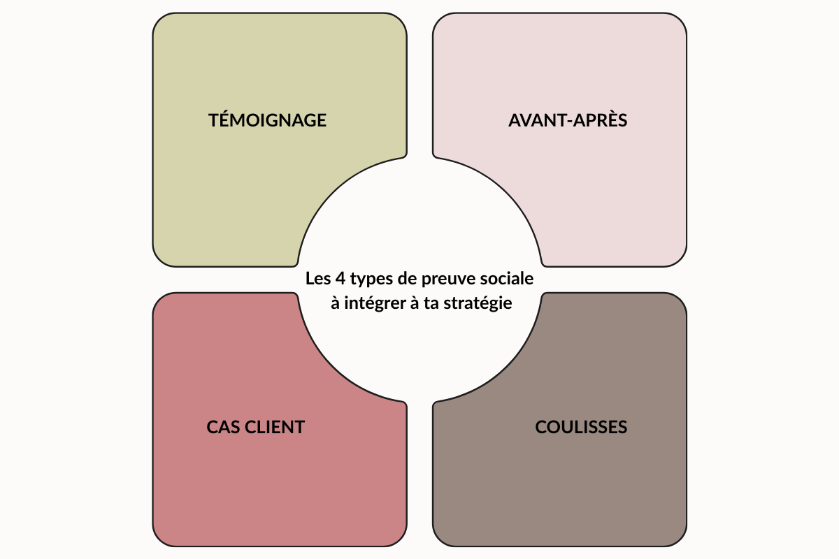 Infographie des 4 formes de preuve sociale pour solopreneuses